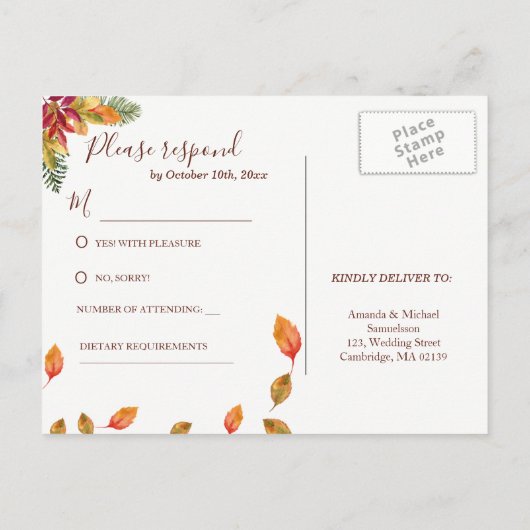 Carte postale RSVP Chute d'amour automne mariage (Dos)