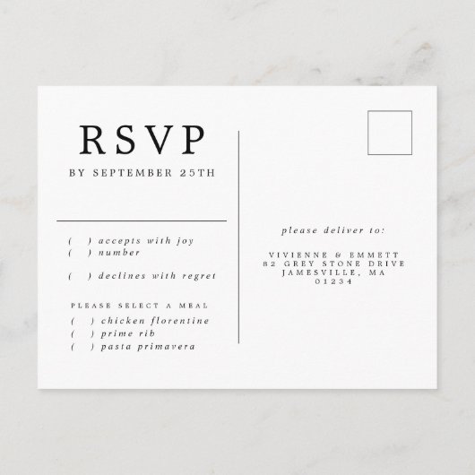 Carte postale RSVP couleur rose pourpre avec choix (Dos)