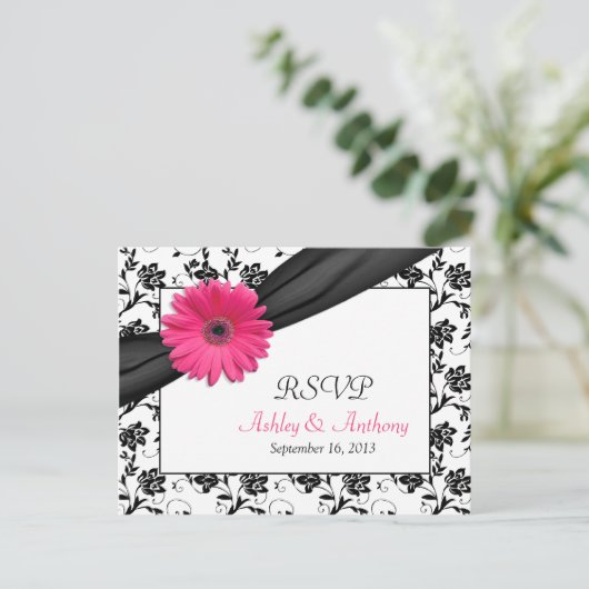 Carte postale RSVP de Mariage damassé Gerbera Dais (Debout devant)