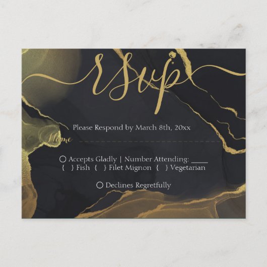 Carte postale RSVP en marbre noir et or (Devant)