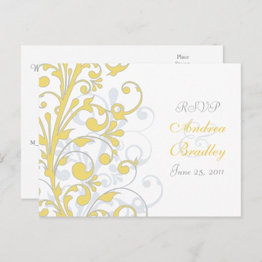 Carte postale RSVP fleurie jaune, gris et blanc (Devant / Derrière)