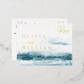 Carte Postale RSVP Foil de mariage bleu océan (Recto/Verso)