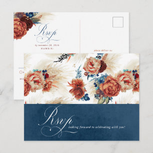 Carte Postale RSVP Mariage Bohème Floral en Terre Cuite Bleu Mar