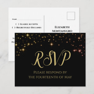 Carte Postale RSVP Mariage Paillettes Dorées & Noires