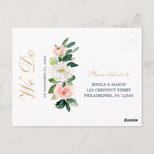 Carte postale RSVP Marine Blue Gold Blush Wedding (Dos)