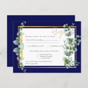 Carte Postale RSVP MARINE BLUE OR Vert Eucalyptus Mariage