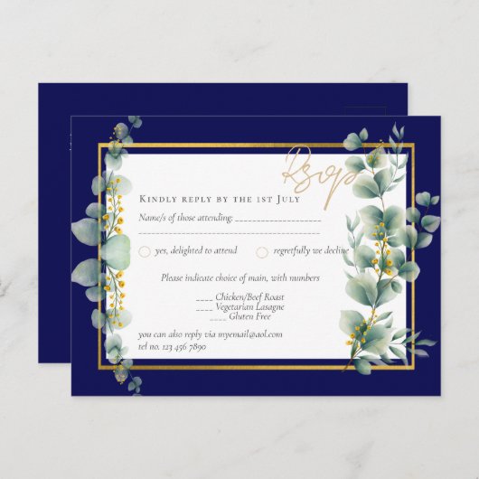 Carte Postale RSVP MARINE BLUE OR Vert Eucalyptus Mariage (Devant / Derrière)