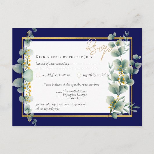 Carte Postale RSVP MARINE BLUE OR Vert Eucalyptus Mariage (Devant)