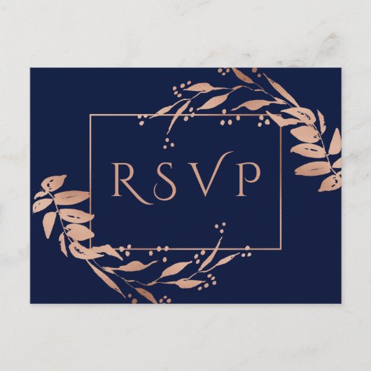 Carte postale RSVP Marine Blue Rose Gold Foliage W (Devant)