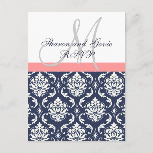 Carte postale RSVP Navy Mariage damassé (Devant)