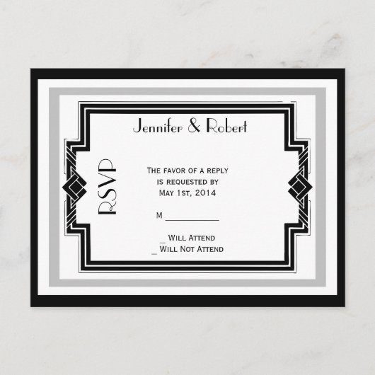 Carte postale RSVP noir blanc Argent Art Déco (Devant)