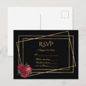 Carte Postale RSVP Noir et or avec Roses de reflet rouge profond (Devant / Derrière)
