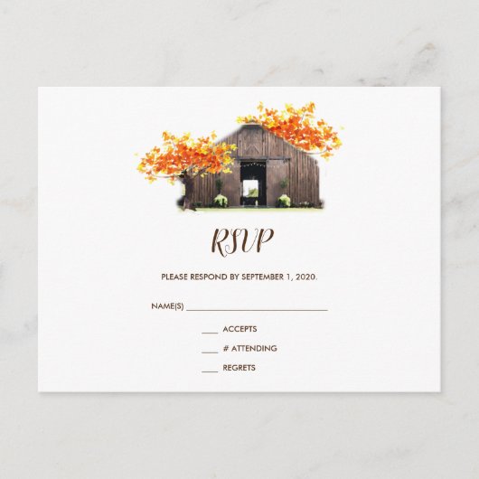 Carte postale RSVP pour mariage rustique en grange (Devant)