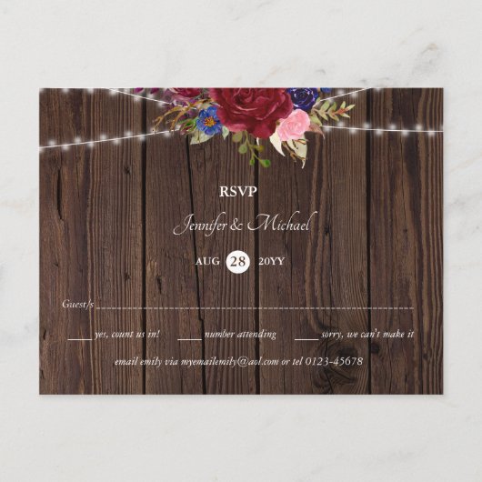 Carte postale RSVP Rustic Burgundy Blue Wedding (Devant)