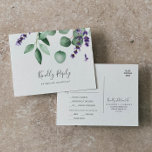 Carte postale RSVP Rustic Lavender Menu Choix<br><div class="desc">Cette carte postale RSVP à la carte de lavande rustique est parfaite pour un mariage extérieur simple et élégant. Le design floral présente des feuilles d'eucalyptus aquarelle et de la verdure avec des sprigs de fleurs sauvages violets. Cette carte postale de réponse mariage demande à la clientèle quel repas elle...</div>