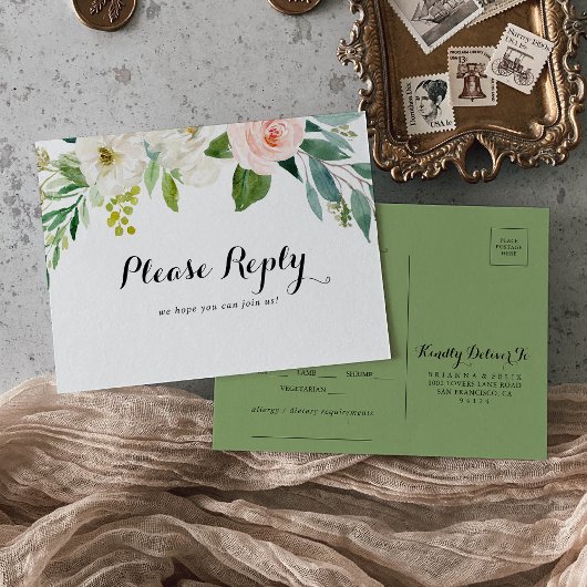 Carte Postale RSVP simple Floral Vert