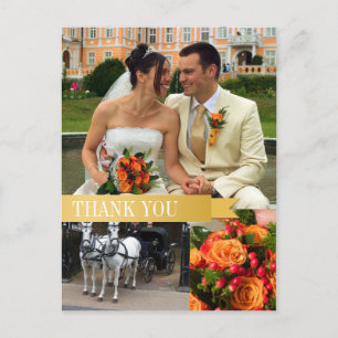 Carte Postale Ruban d'or 3 photo montage mariage merci note