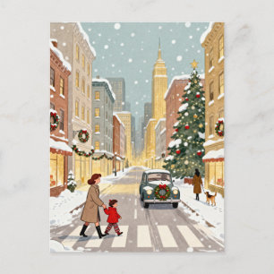 Carte Postale Rue de ville enneigée fantaisiste à Noël