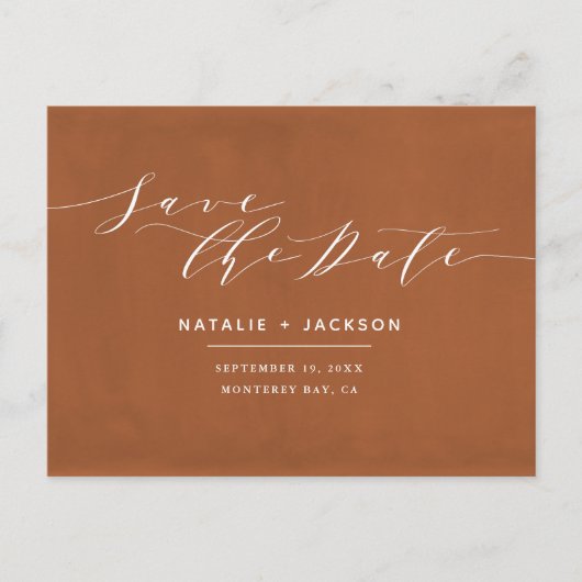 Carte Postale Rust + blanc mariage élégant enregistrer la date (Devant)