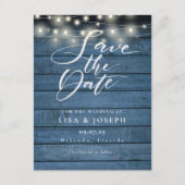 Carte Postale Rustic Blue Wood String Lights Save the Date (Devant)