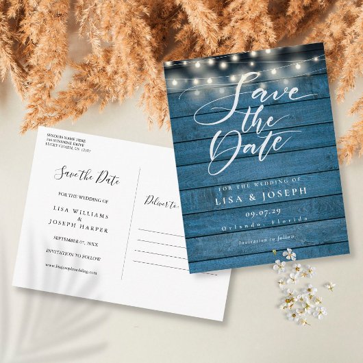 Carte Postale Rustic Blue Wood String Lights Save the Date
