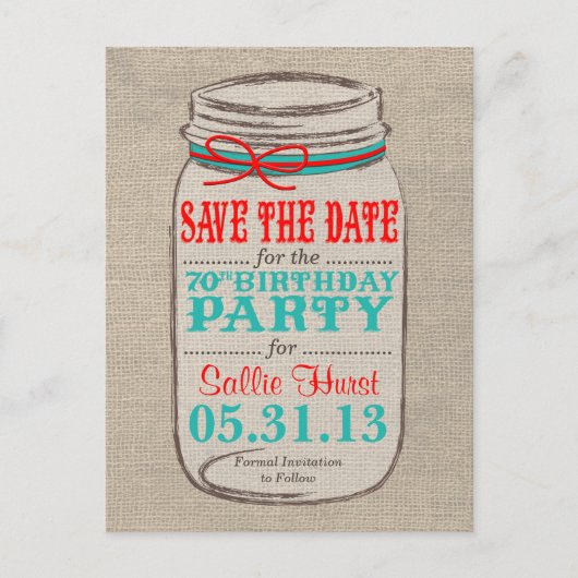 Carte Postale Rustic Burlap & Mason Jar 70e Invitation d'anniver (Devant)