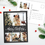 Carte Postale Rustic Chalkboard 4 Photo Collage Noël<br><div class="desc">Rustic Minimal Chalkboard 4 Photo Collage Joyeux Script de Noël Carte postale de vacances. Ce modèle festif, mimimaliste, quatre (4) cartes de vacances photo présente un joli collage photo, un flocon de neige et dit Joyeux Noël! Le texte de salutation "Joyeux Noël" est écrit dans une belle couleur blanche lettré...</div>