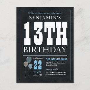Carte Postale Rustic Chic Chalkboard Blue Balloon 13e anniversai