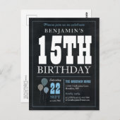 Carte Postale Rustic Chic Chalkboard Blue Balloon 15e anniversai (Devant / Derrière)