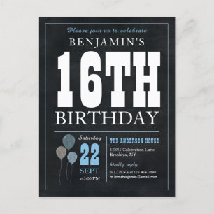 Carte Postale Rustic Chic Chalkboard Blue Balloon 16e anniversai