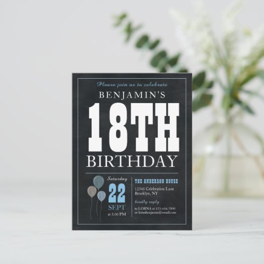 Carte Postale Rustic Chic Chalkboard Blue Balloon 18e anniversai (Debout devant)