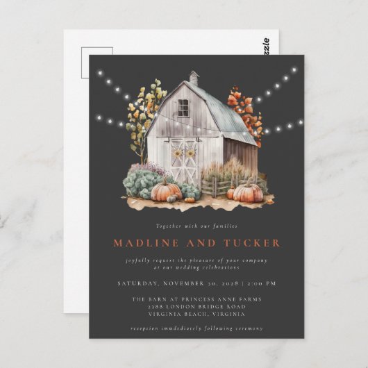 Carte Postale Rustic Fall Country Barn String Mariage (Devant / Derrière)