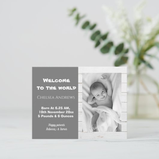 Carte Postale Rustic Grey Baby Photo Faire-part de (Debout devant)
