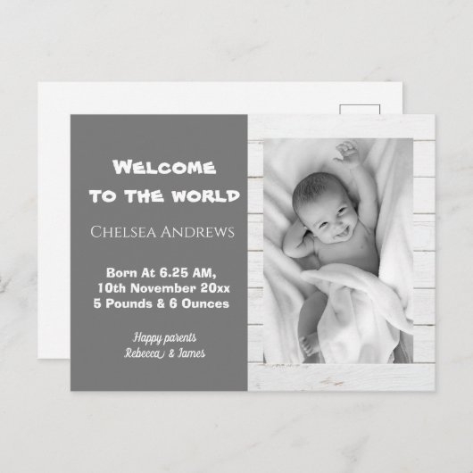 Carte Postale Rustic Grey Baby Photo Faire-part de (Devant / Derrière)