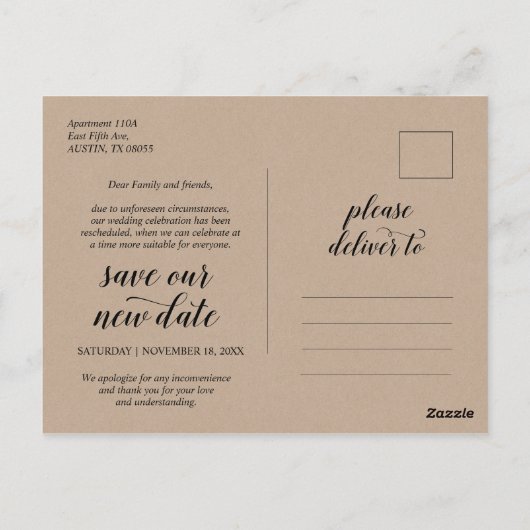 Carte Postale Rustic Kraft, Faire-part de mariage Reporté (Dos)