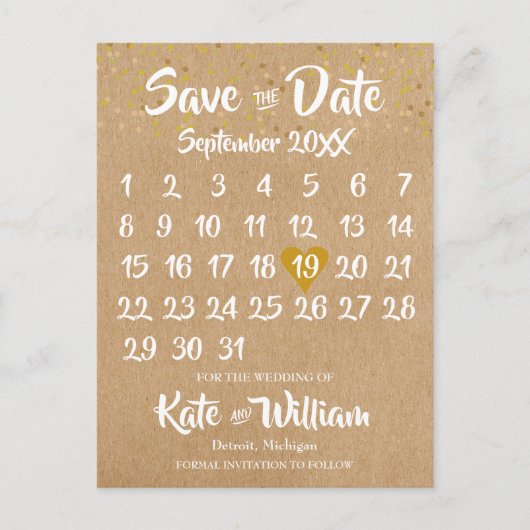 Carte Postale Rustic Kraft Gold Heart Calendrier Enregistrer la (Devant)