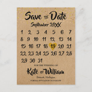 Carte Postale Rustic Kraft Gold Heart Calendrier Enregistrer la