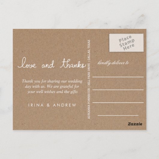 Carte Postale Rustic Kraft Paper Love And Thanks Script (Dos)