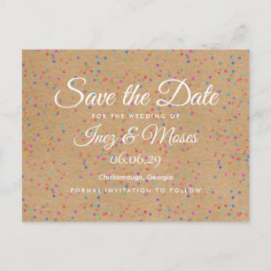 Carte Postale Rustic Kraft Rainbow Confetti Enregistrer la date