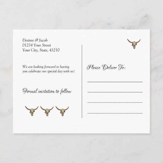 Carte Postale Rustic Mariage Western Bull Skull Enregistrer La D (Dos)