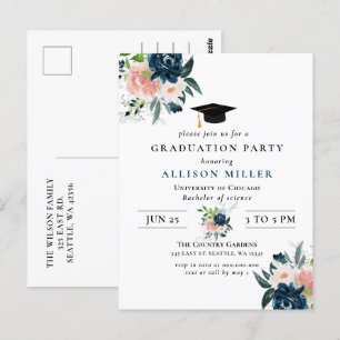 Carte Postale Rustic Navy Blush Floral Botanical Graduation
