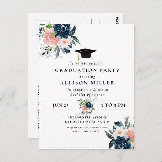 Carte Postale Rustic Navy Blush Floral Botanical Graduation (Devant / Derrière)