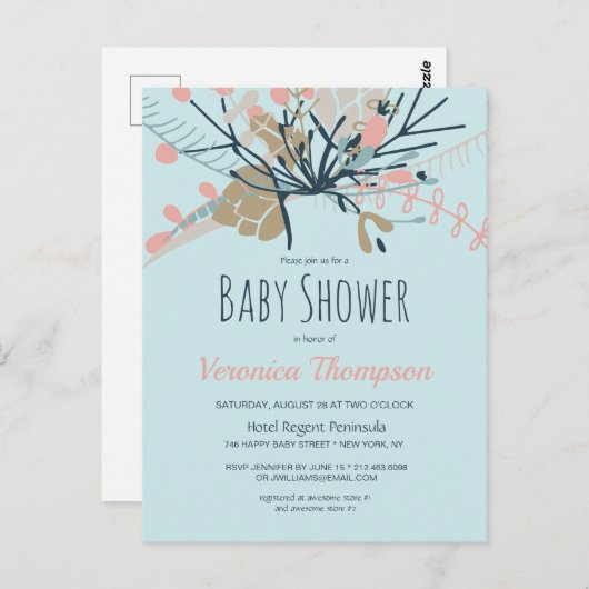 Carte Postale Rustic Pastel Blue Baby shower botanique Invitatio (Devant / Derrière)