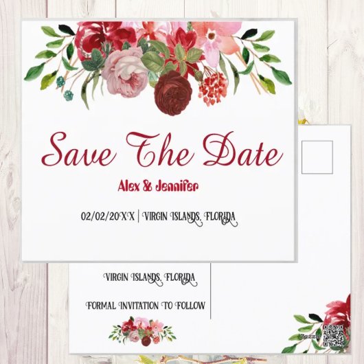 Carte Postale Rustic Red Roses Floral Enregistrer la date Annonc