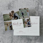 Carte Postale Rustic Rose Gold 4 Photo Collage Mariage Merci<br><div class="desc">Ce rustique rose or 4 photo collage mariage merci carte postale est parfait pour un mariage campagnard. Le design sobre et moderne rose or rose vif et blanc présente une calligraphie manuscrite et fantaisie unique avec un style boho minimaliste contemporain. Personnalisable dans n'importe quelle couleur. Gardez le design minimal et...</div>