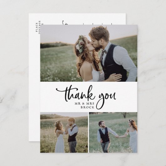 Carte Postale Rustic Script 3 Photo Collage Wedding Thank You (Devant / Derrière)