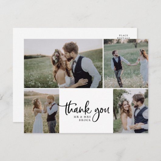 Carte Postale Rustic Script 4 Photo Collage Wedding Thank You (Devant / Derrière)