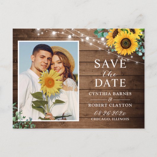 Carte Postale Rustic Sunflower String Lights Photo Enregistrer l (Devant)