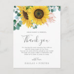 Carte Postale Rustic Sunflower Thank<br><div class="desc">This rustic sunflower thank you wedding reception card is perfect for a country wedding. The bohemian floral design feyellow sunflowers, blush pink flowers et hunter green eucalyptus greenery in watercolor with an elegant modern boho feel. Place these cards at the table setting for each of your guests at your wedding...</div>