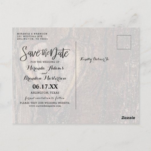 Carte Postale Rustic Tree Heart Photo Enregistrer la date (Dos)